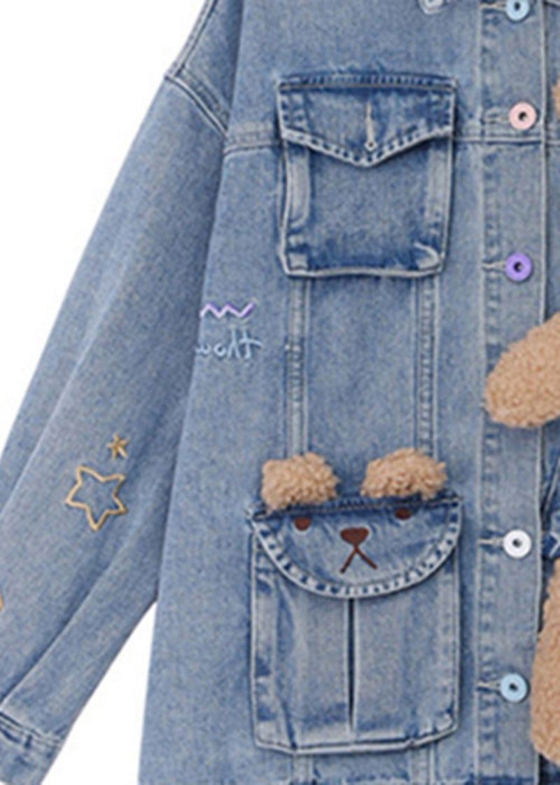 Art Denim Blå Peter Pan Krage Patchwork Little Bear Button Coats Fall - Vinterfrakker for kvinner