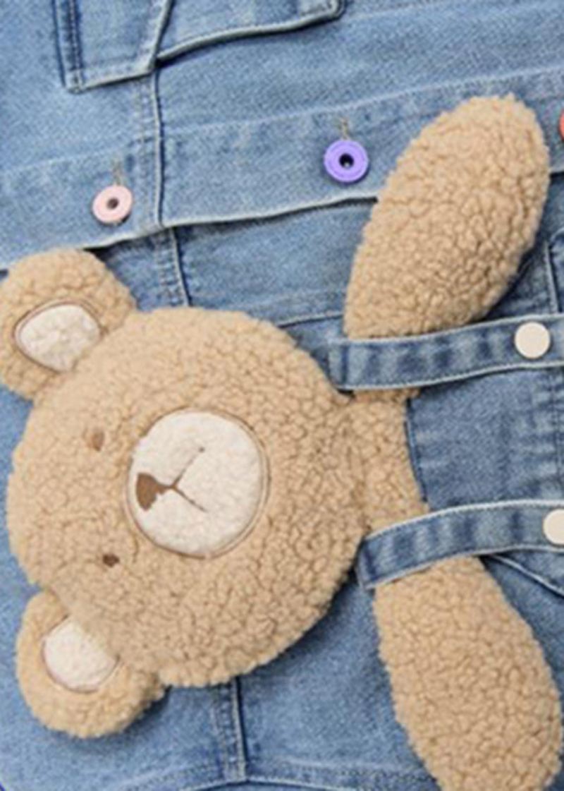 Art Denim Blå Peter Pan Krage Patchwork Little Bear Button Coats Fall - Vinterfrakker for kvinner