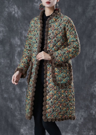 Art Green Oversized Print Warm Fleece Coat Winter