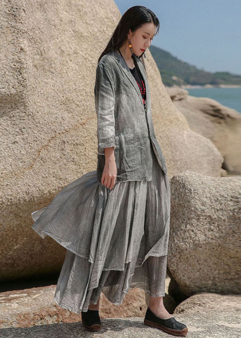 Art Grey Peter Pan Krage Button Lin Spring Coat - Vinterfrakker for kvinner