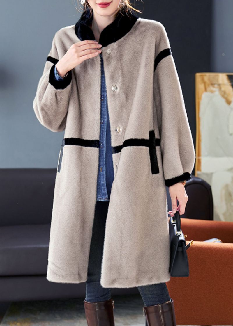 Art Grey Stand Collar Patchwork Mink Velvet Coats Vinter - Vinterfrakker for kvinner