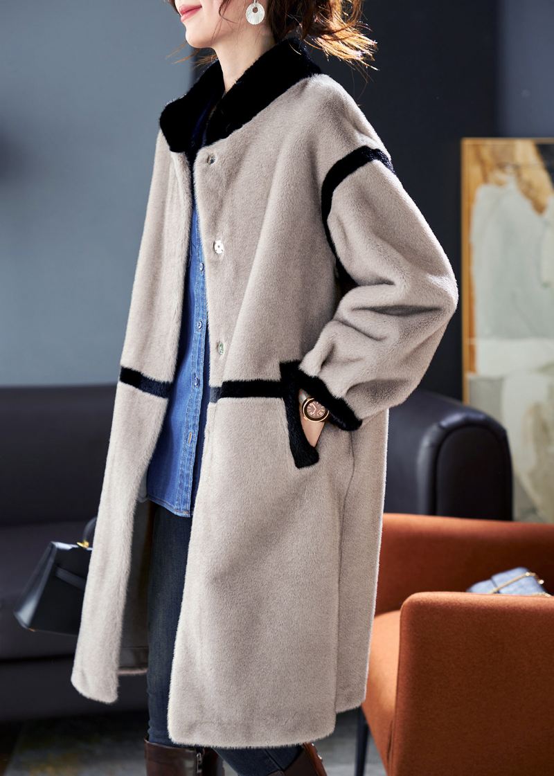 Art Grey Stand Collar Patchwork Mink Velvet Coats Vinter - Vinterfrakker for kvinner