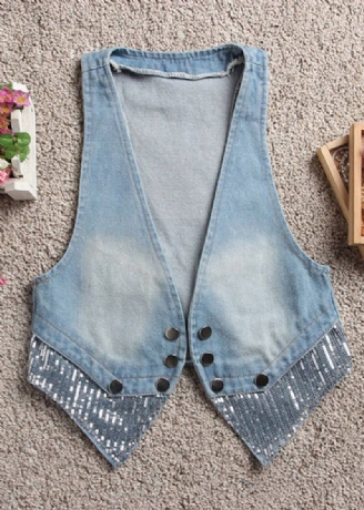 Art Lyseblå V-hals Patchwork Button Denim Vest Høst