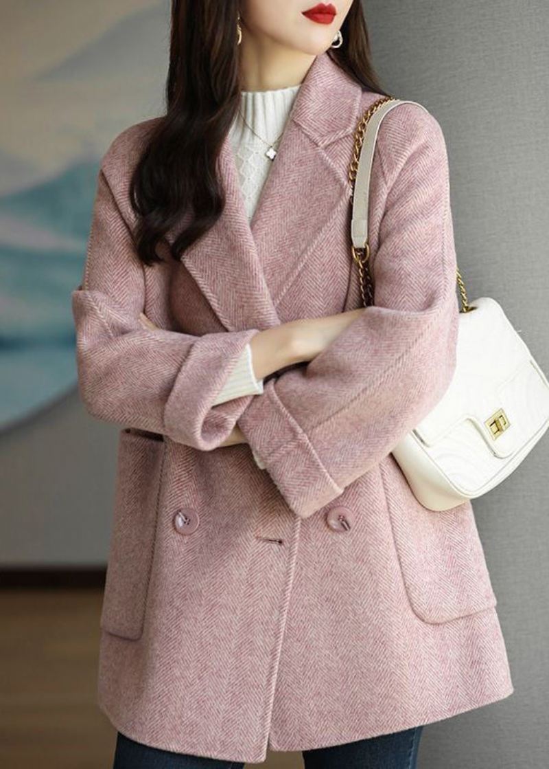 Art Pink Lapel Dobbel Bryst Tykk Ull Trench Fall - Vinterfrakker for kvinner