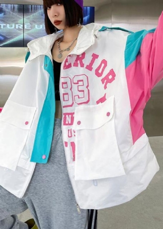 Art White Letter Patchwork Cotton Spring Hette Coat