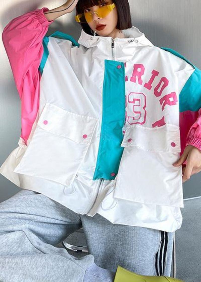 Art White Letter Patchwork Cotton Spring Hette Coat - Hvit