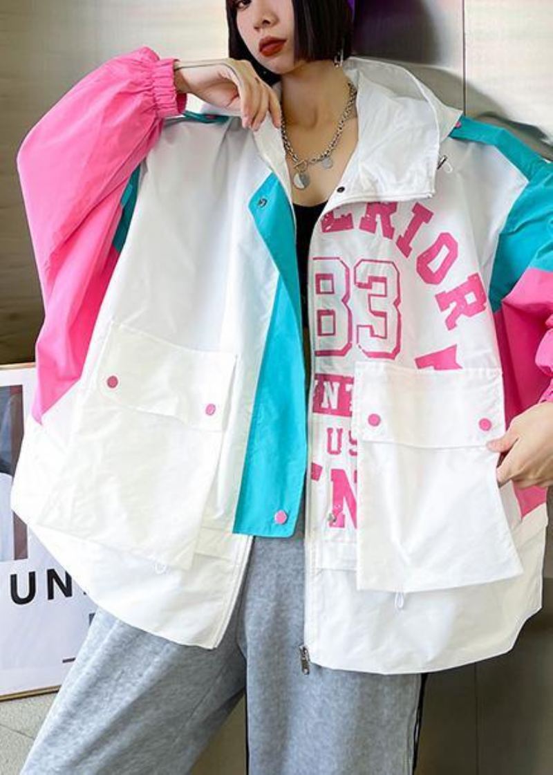 Art White Letter Patchwork Cotton Spring Hette Coat - Hvit