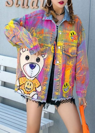 Art Yellow Graphic Zircon Nail Bead Patchwork Denim Coat Spring