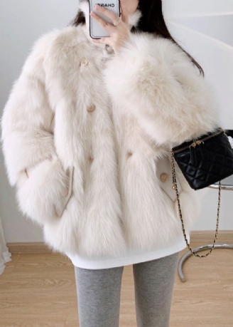 Beige Firkantet Krage Neck Tie Lær Og Faux Fur Coat Vinter