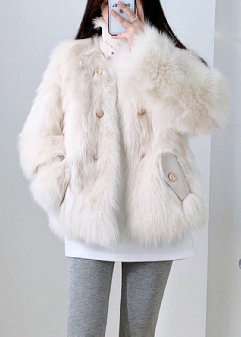 Beige Firkantet Krage Neck Tie Lær Og Faux Fur Coat Vinter - Beige