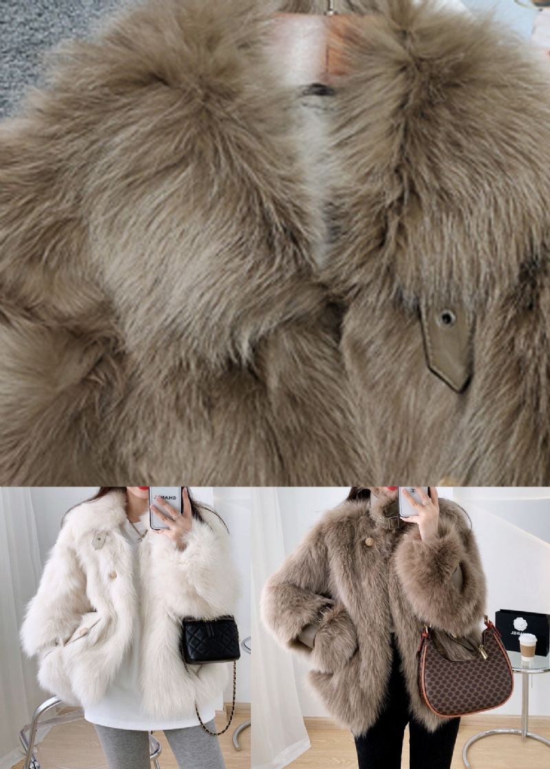 Beige Firkantet Krage Neck Tie Lær Og Faux Fur Coat Vinter - Beige