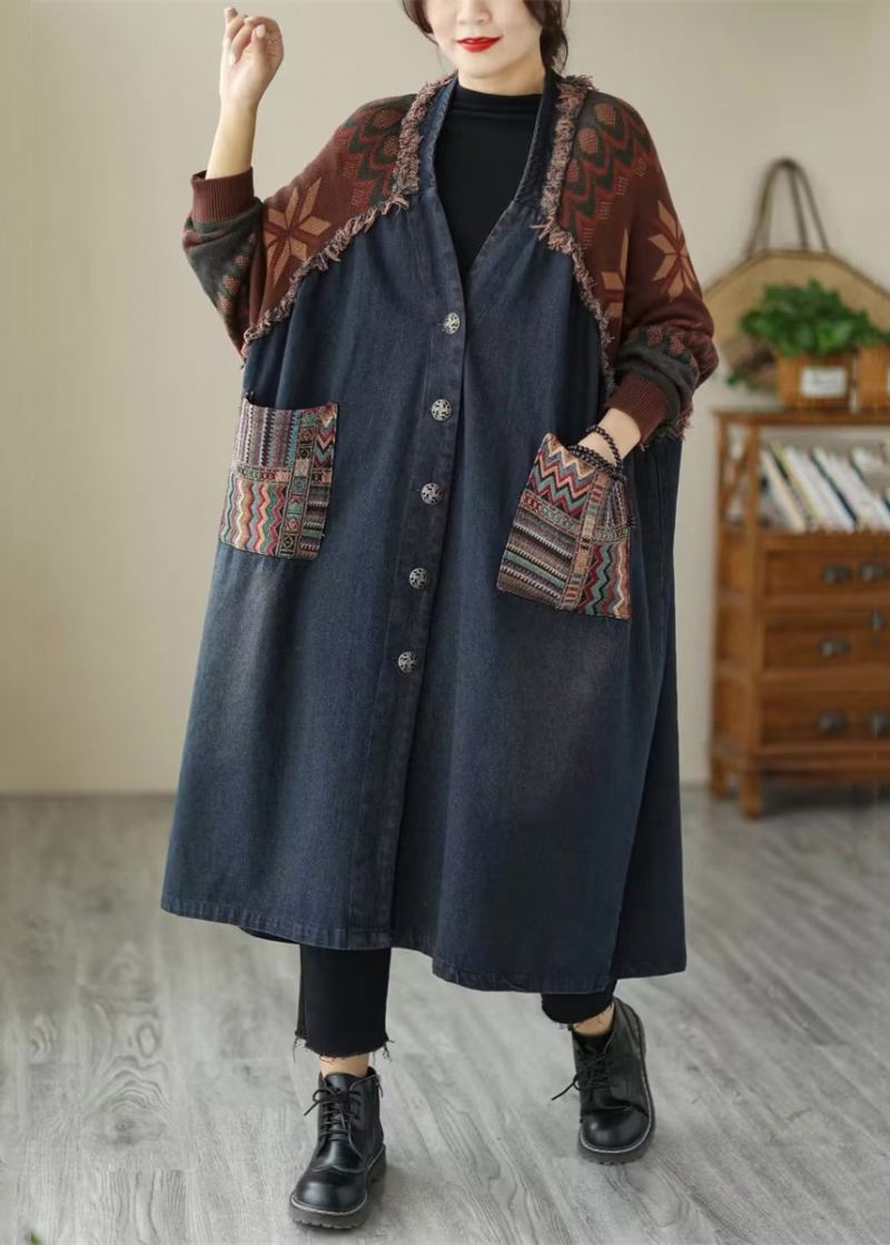 Blå Lommer Patchwork Denim Lange Kåper V-hals Fall