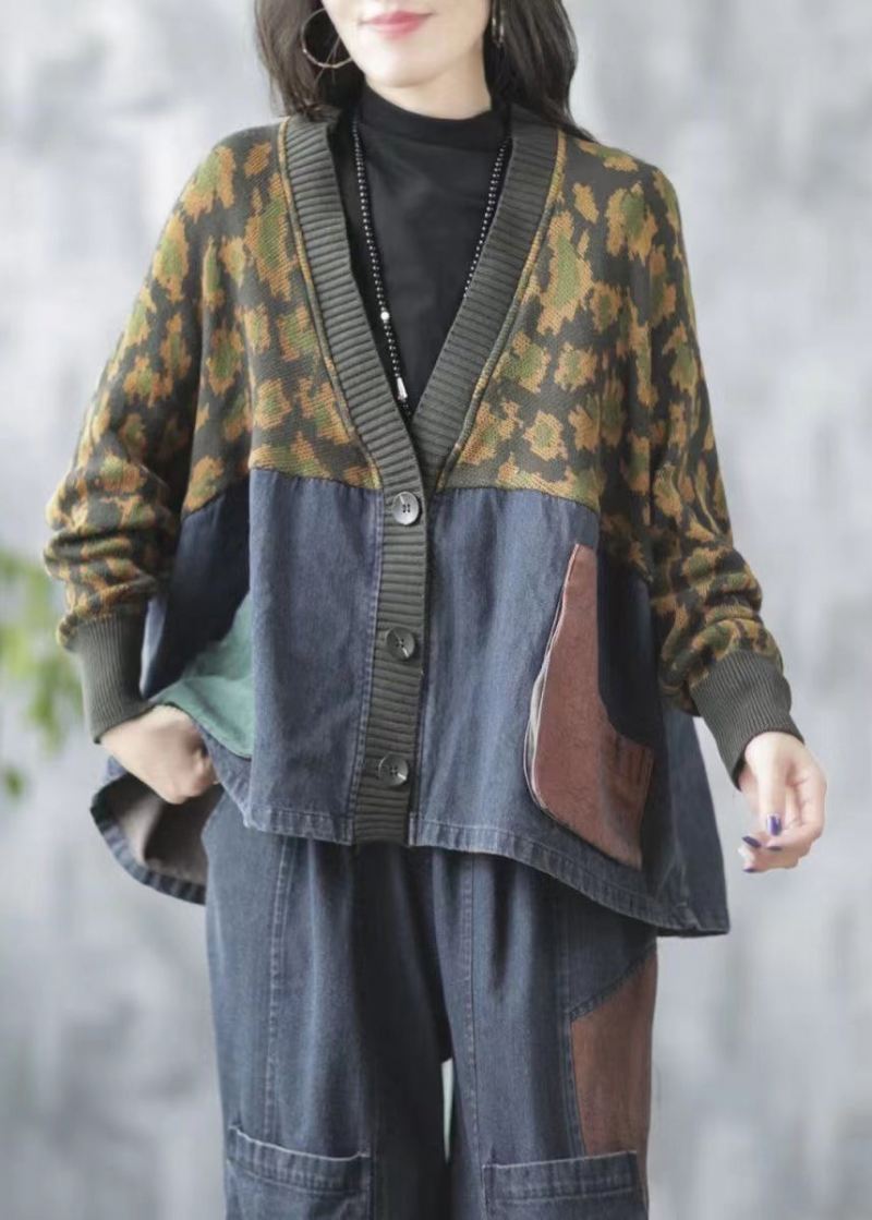 Blå Lommer Print Knit Patchwork Denim Coat V Neck Fall