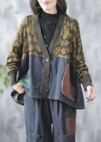 Blå Lommer Print Knit Patchwork Denim Coat V Neck Fall