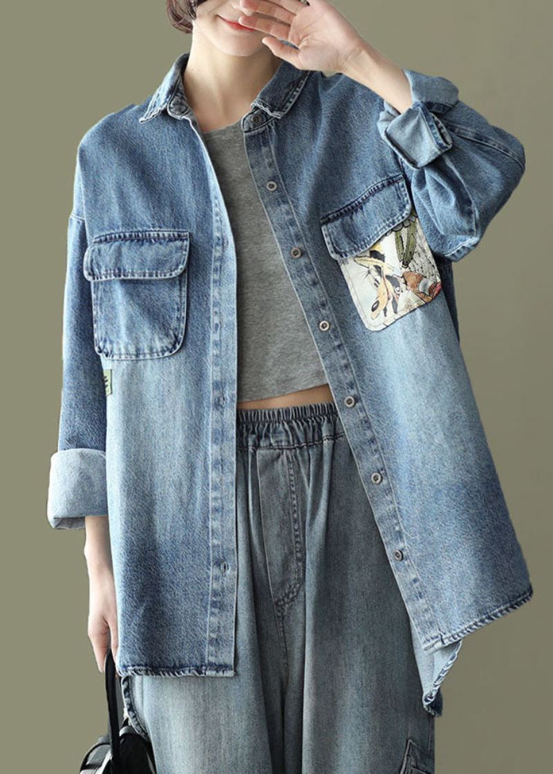 Blå Lommer Print Patchwork Denim Coats Peter Pan Krage Spring