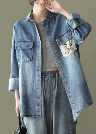 Blå Lommer Print Patchwork Denim Coats Peter Pan Krage Spring