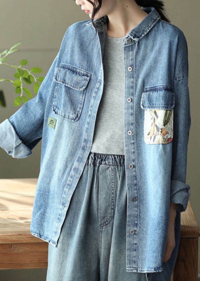 Blå Lommer Print Patchwork Denim Coats Peter Pan Krage Spring - Vinterfrakker for kvinner