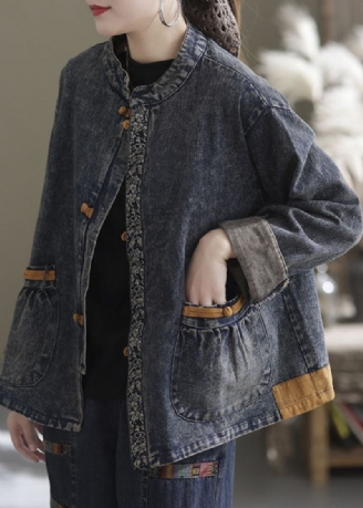 Blå Patchwork Bomull Denim Kåper Stand Krage Oriental Button Fall