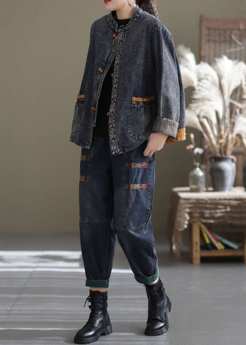 Blå Patchwork Bomull Denim Kåper Stand Krage Oriental Button Fall - Blå