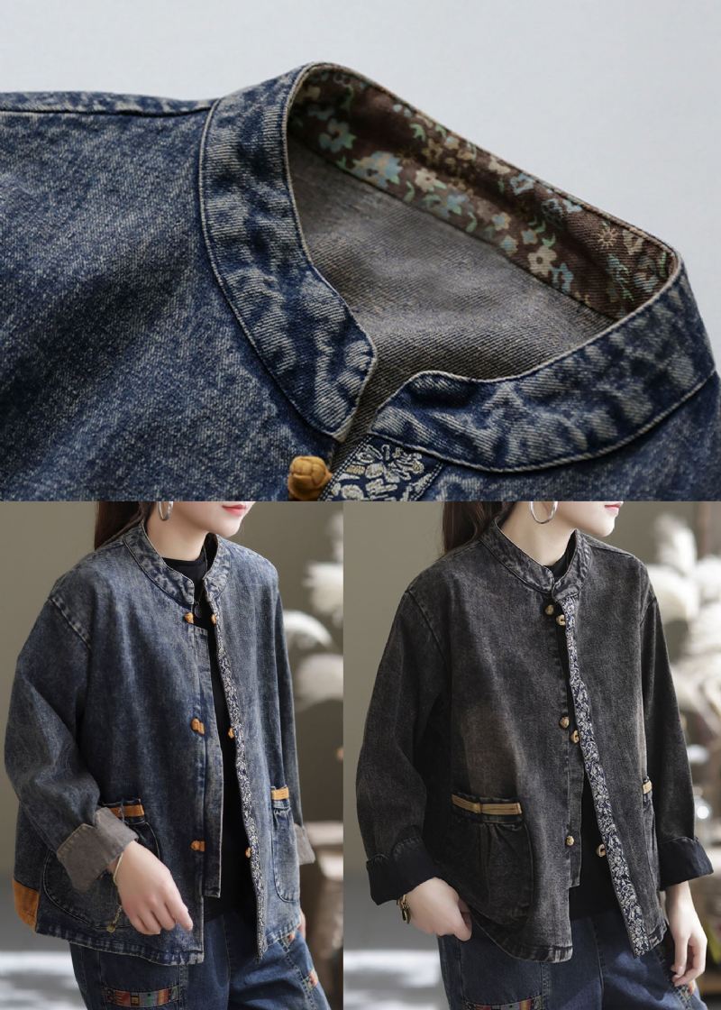 Blå Patchwork Bomull Denim Kåper Stand Krage Oriental Button Fall - Blå