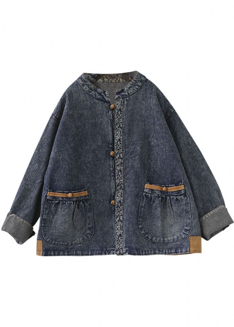 Blå Patchwork Bomull Denim Kåper Stand Krage Oriental Button Fall - Blå