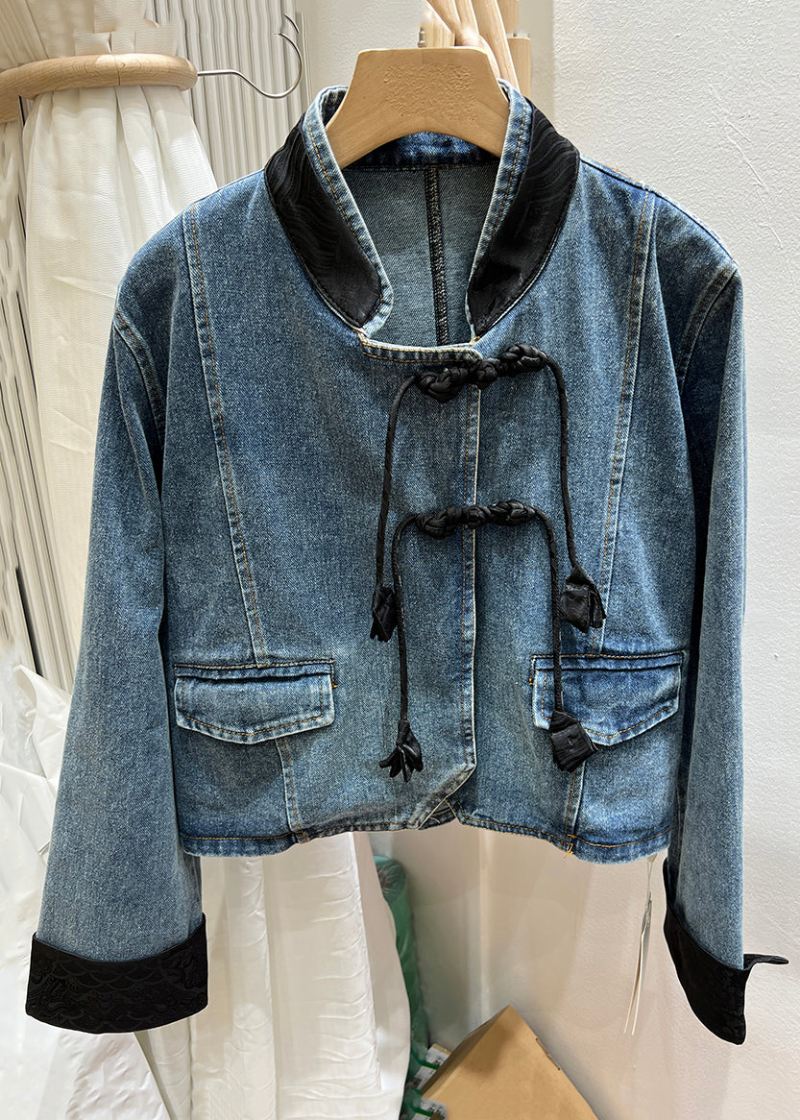 Black Button Patchwork Denim Coats Stand Krage Langermet