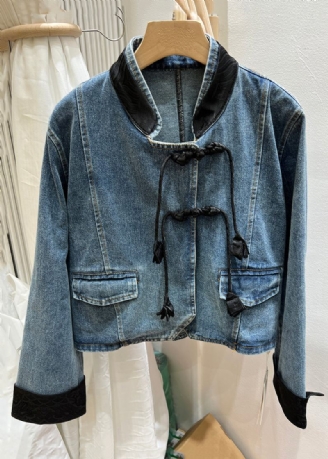 Black Button Patchwork Denim Coats Stand Krage Langermet