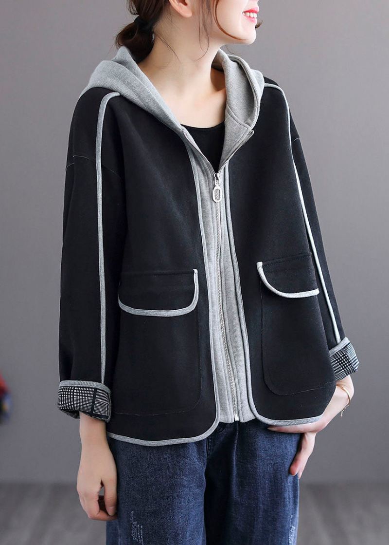 Black Pockets Cotton Coats Zip Up Hette Spring