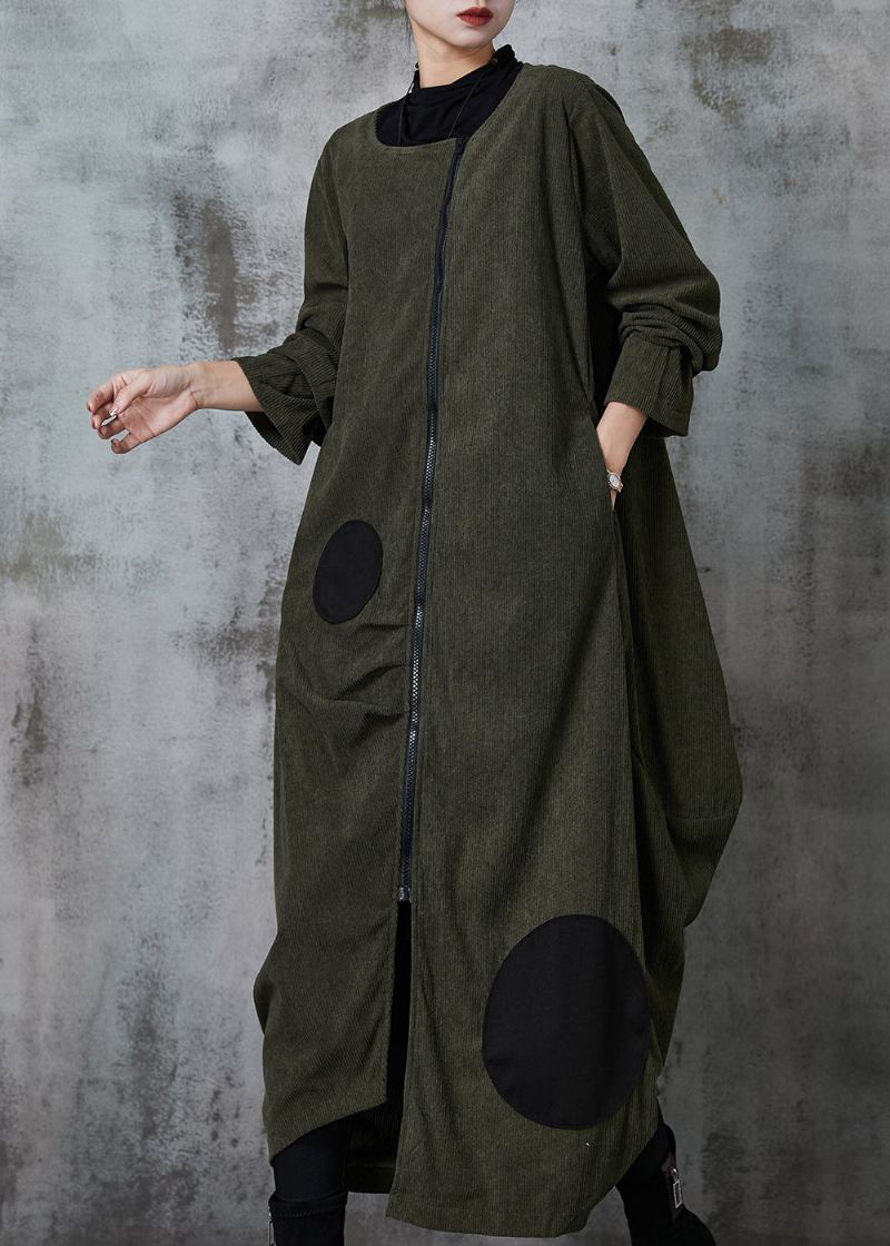 Blackish Green Dot Cotton Trench Coat Asymmetrisk Spring