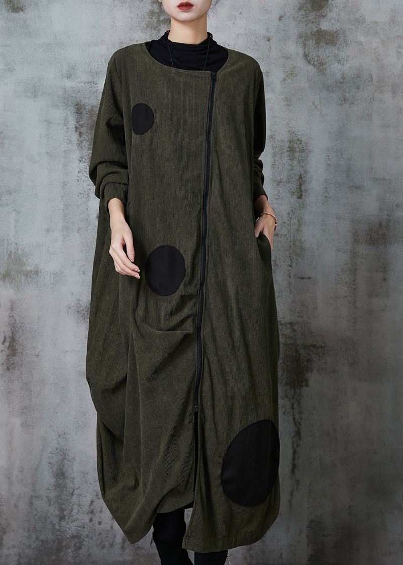 Blackish Green Dot Cotton Trench Coat Asymmetrisk Spring - Vinterfrakker for kvinner