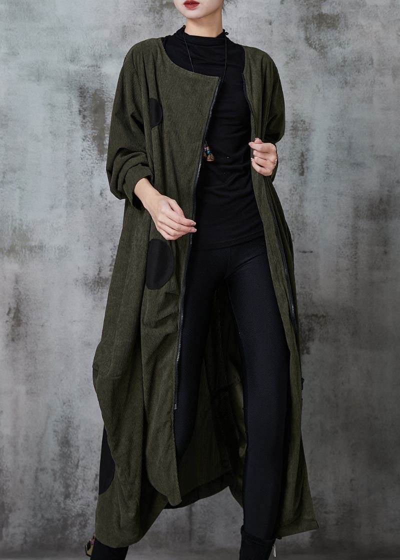 Blackish Green Dot Cotton Trench Coat Asymmetrisk Spring - Vinterfrakker for kvinner