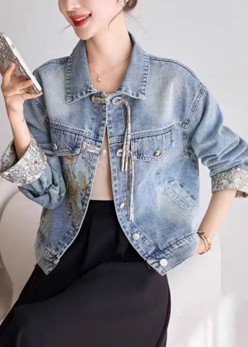 Blue Button Patchwork Denim Coats Peter Pan Krage Spring