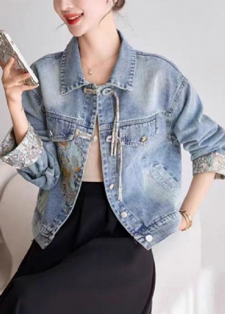 Blue Button Patchwork Denim Coats Peter Pan Krage Spring