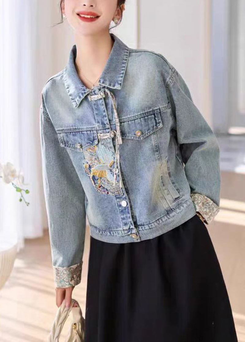 Blue Button Patchwork Denim Coats Peter Pan Krage Spring - Vinterfrakker for kvinner