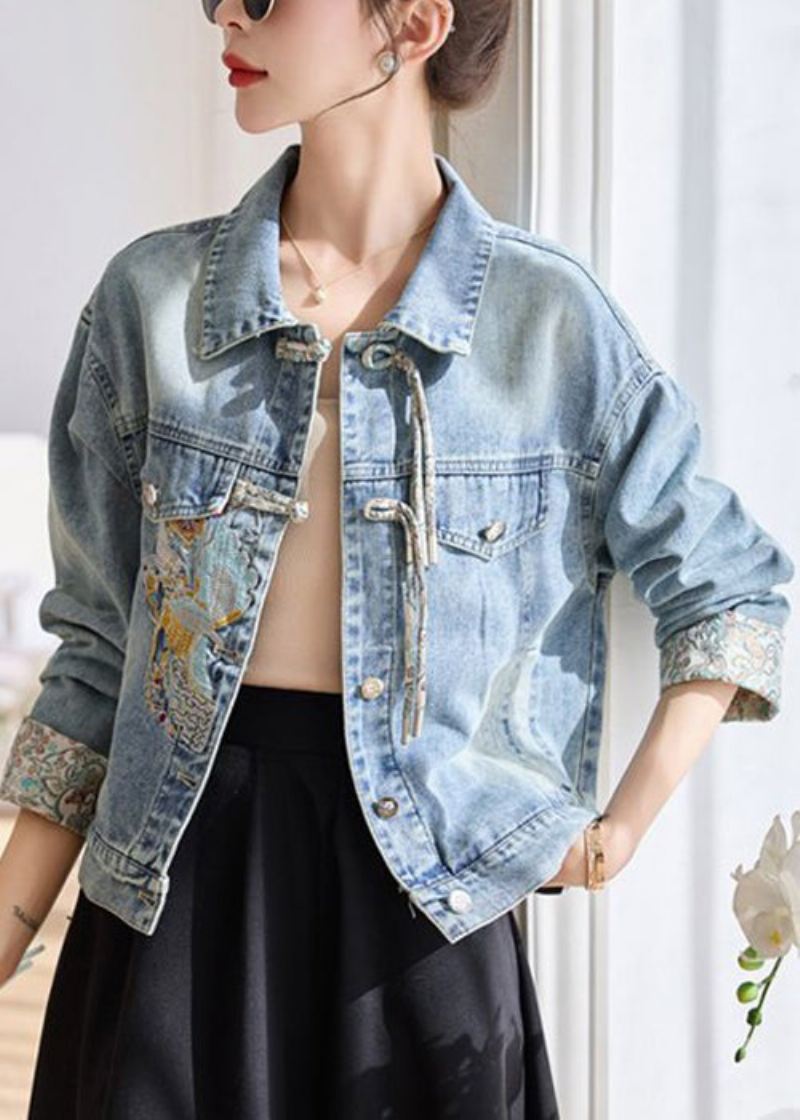 Blue Button Patchwork Denim Coats Peter Pan Krage Spring - Vinterfrakker for kvinner