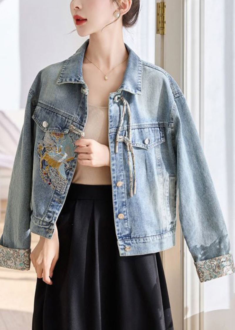 Blue Button Patchwork Denim Coats Peter Pan Krage Spring - Vinterfrakker for kvinner