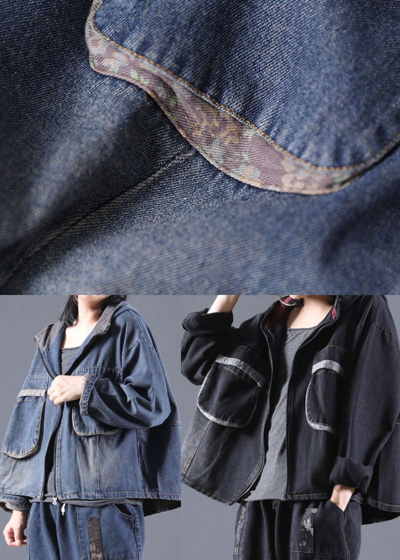 Blue Pockets Denimjakke Zip Up Spring - Blå