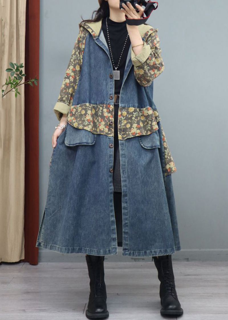 Blue Print Button Patchwork Denim Coat Asymmetrisk Langermet