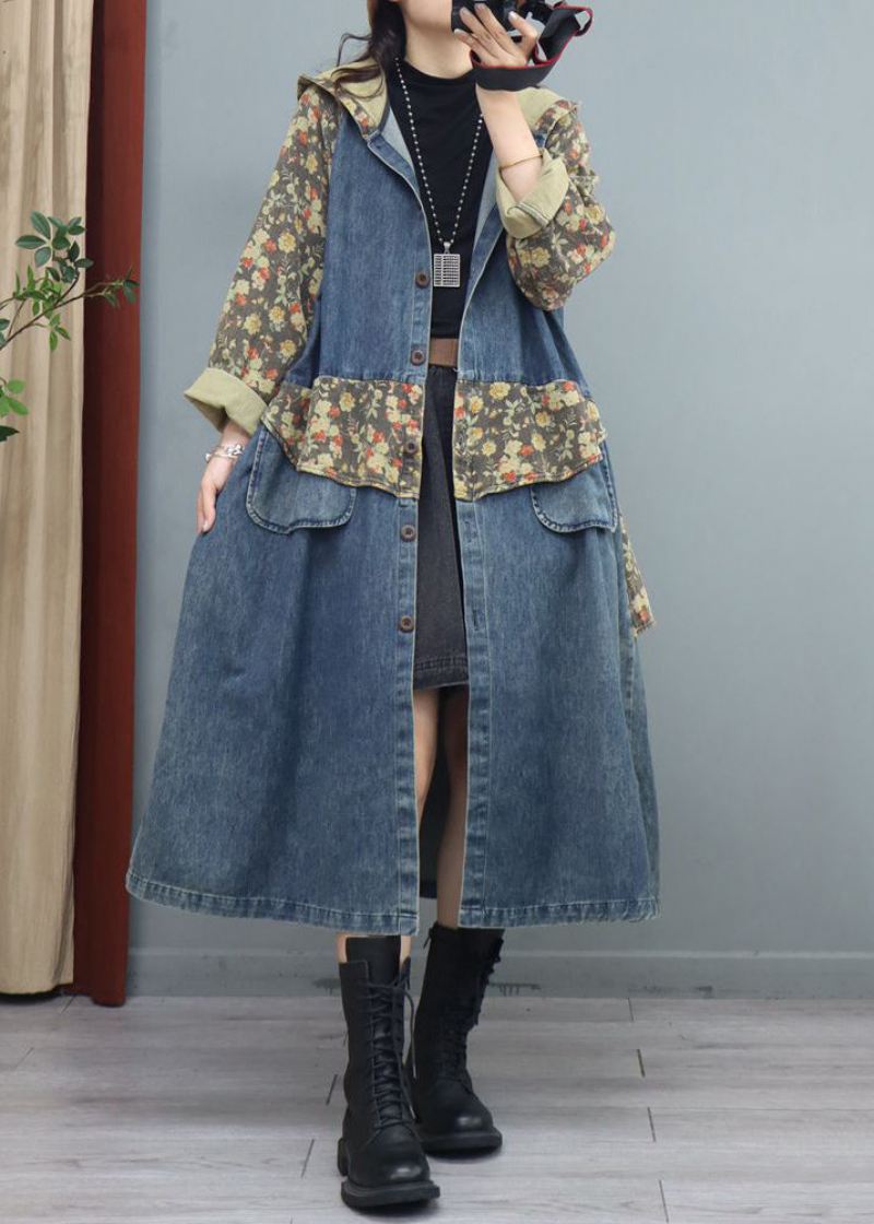 Blue Print Button Patchwork Denim Coat Asymmetrisk Langermet - Vinterfrakker for kvinner