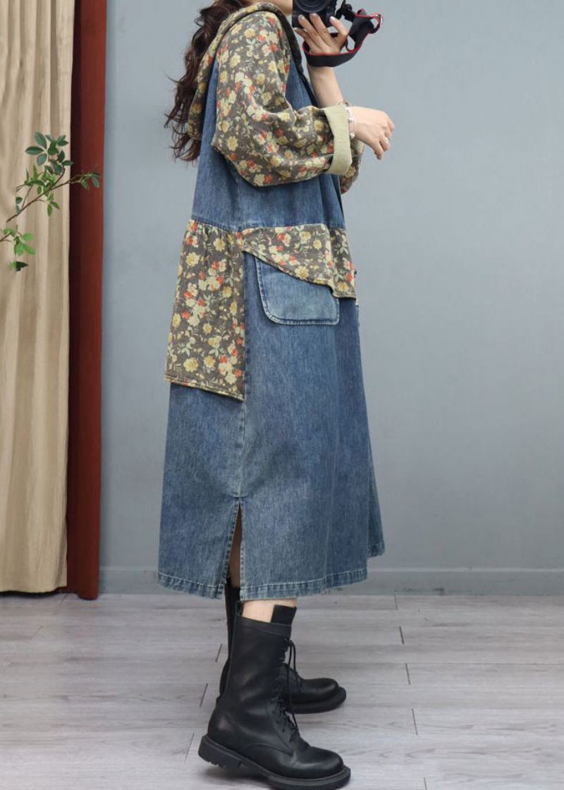 Blue Print Button Patchwork Denim Coat Asymmetrisk Langermet - Vinterfrakker for kvinner