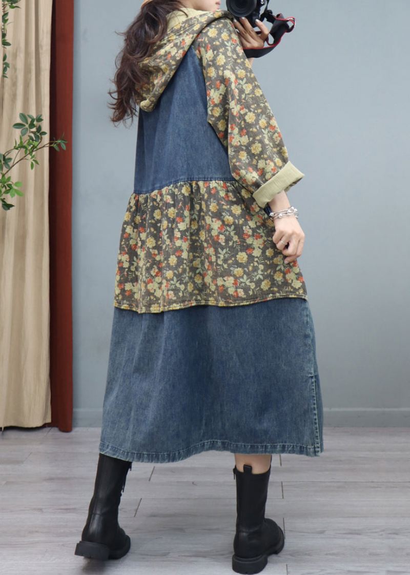 Blue Print Button Patchwork Denim Coat Asymmetrisk Langermet - Vinterfrakker for kvinner