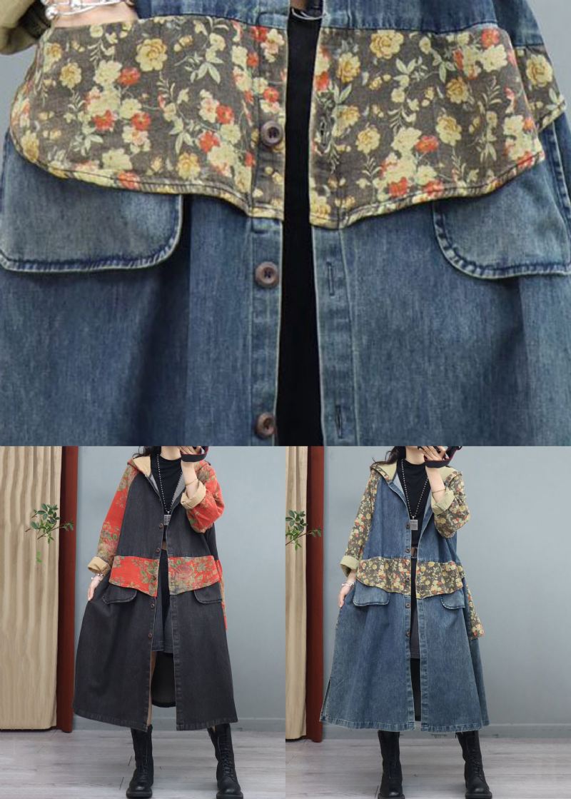 Blue Print Button Patchwork Denim Coat Asymmetrisk Langermet - Vinterfrakker for kvinner