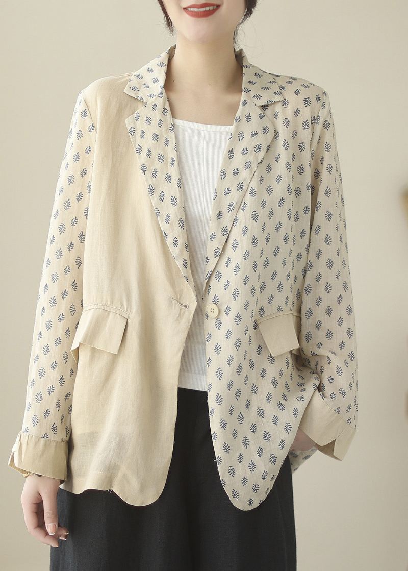 Bohemian Beige Peter Pan Krage Print Ramie Coats Langermet