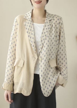 Bohemian Beige Peter Pan Krage Print Ramie Coats Langermet