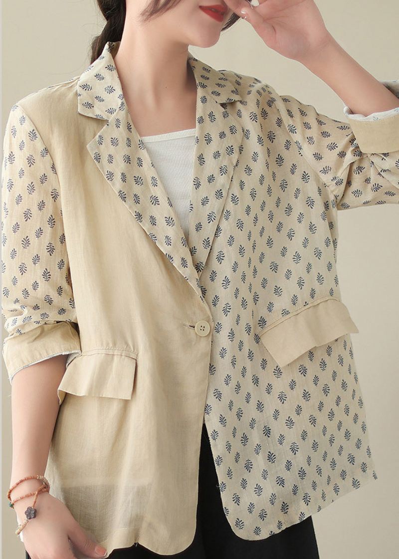 Bohemian Beige Peter Pan Krage Print Ramie Coats Langermet - Beige