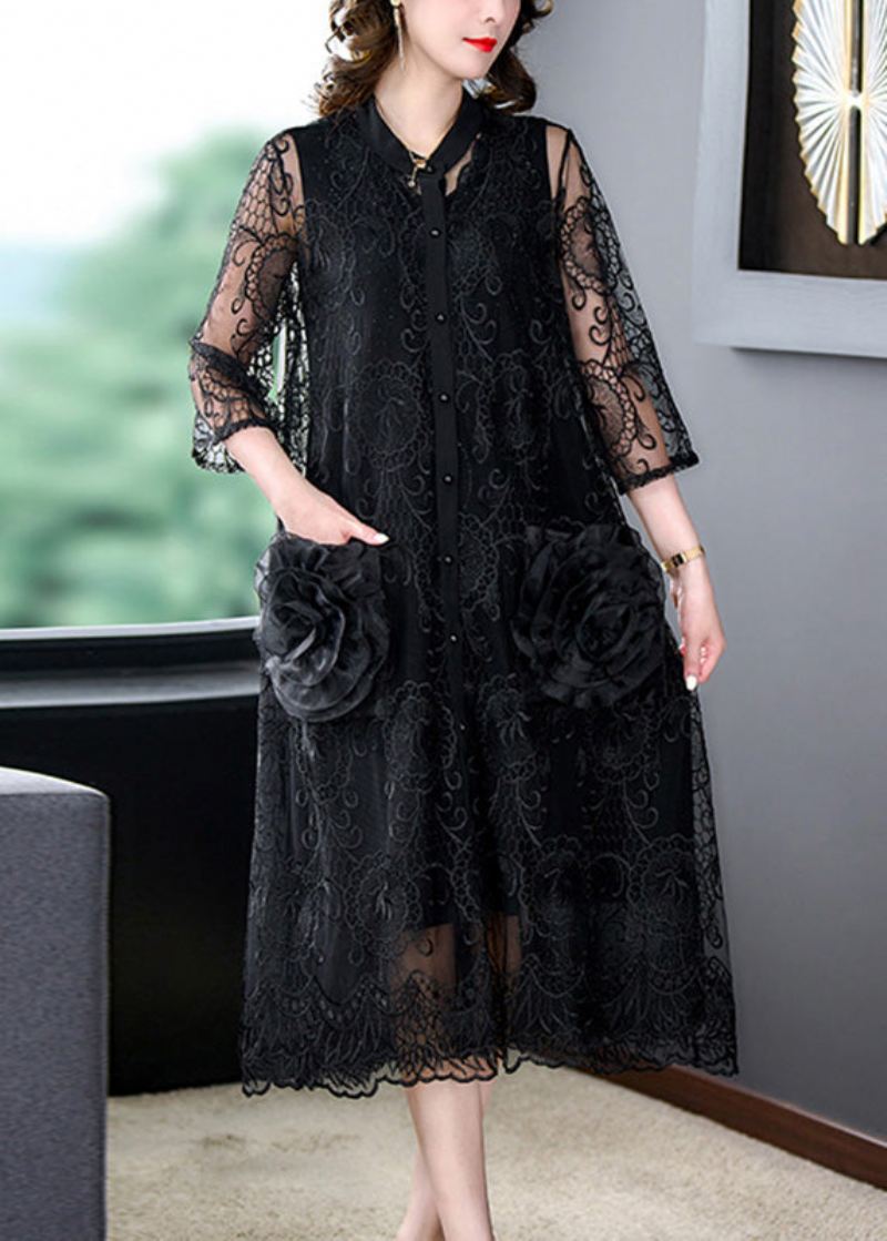 Bohemian Black Brodered Floral Tulle Lange Kåper Half Sleeve