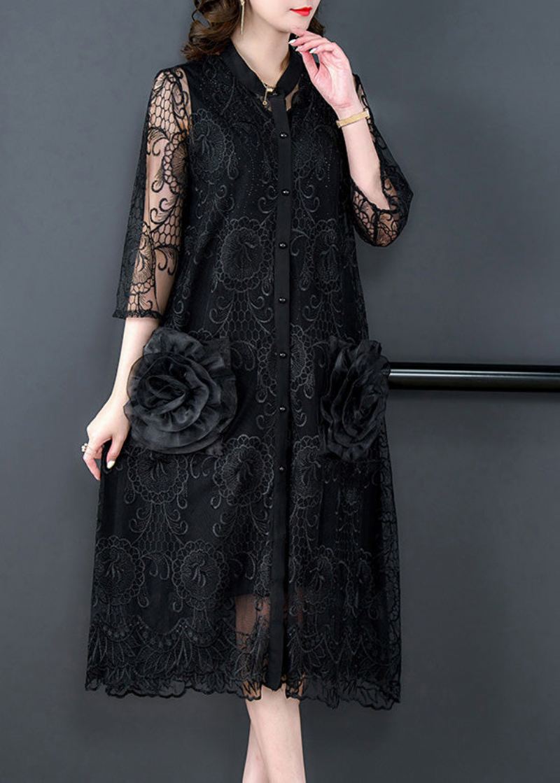 Bohemian Black Brodered Floral Tulle Lange Kåper Half Sleeve - Svart