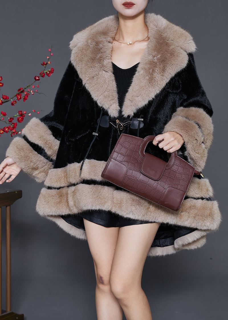 Bohemian Black Pelskrage Oversized Fuzzy Fur Fluffy Coat Vinter