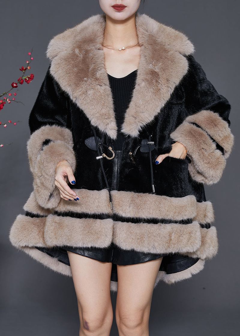 Bohemian Black Pelskrage Oversized Fuzzy Fur Fluffy Coat Vinter - Vinterfrakker for kvinner