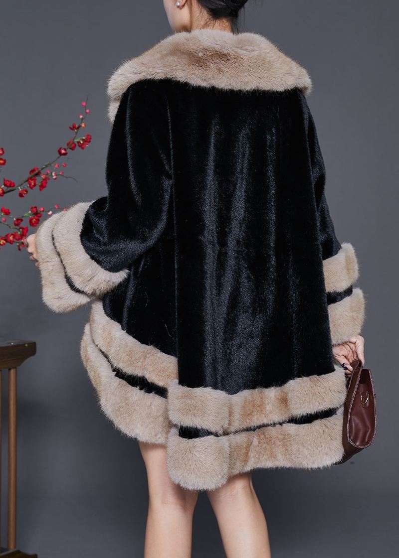 Bohemian Black Pelskrage Oversized Fuzzy Fur Fluffy Coat Vinter - Vinterfrakker for kvinner